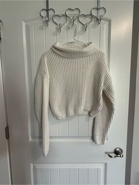 Cropped Cream Waffle-Knit Turtleneck Sweater